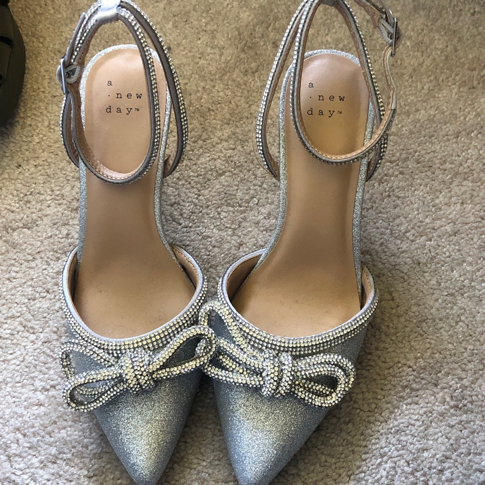 a new day Silver Pointed-Toe Ankle-Strap Pumps with Crystal Bow and Trim